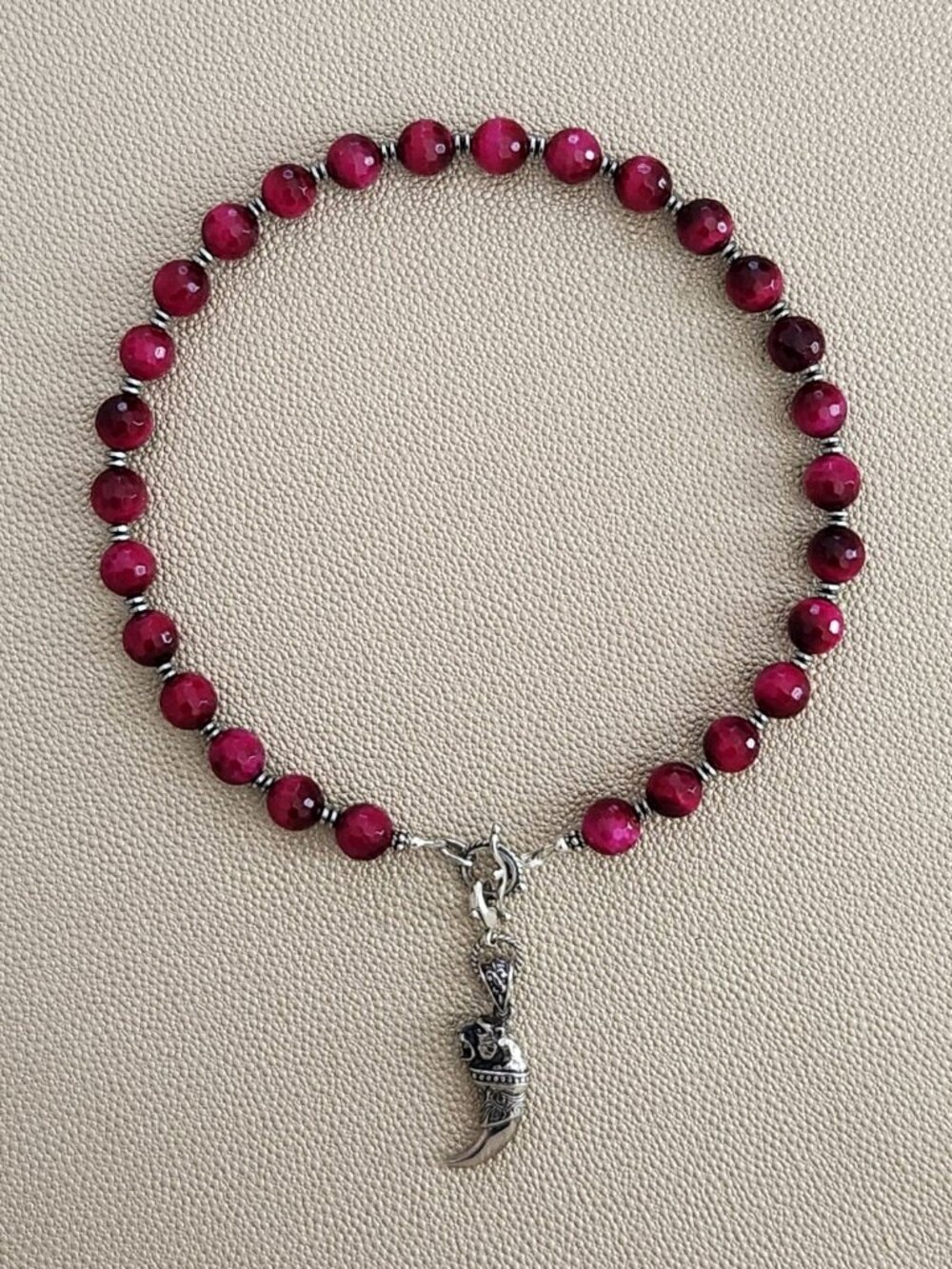 HOT PINK TIGERS EYE NECKLACE W/ 925 SILVER TIGER CLAW--16"